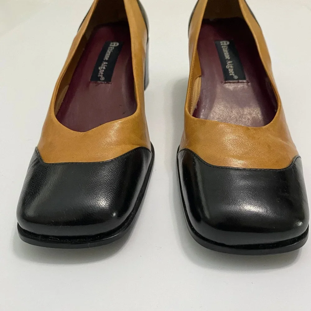 Etienne Aigner Two Tone Leather Pumps Tan Black Square Toe Block Heel Size 7.5 M